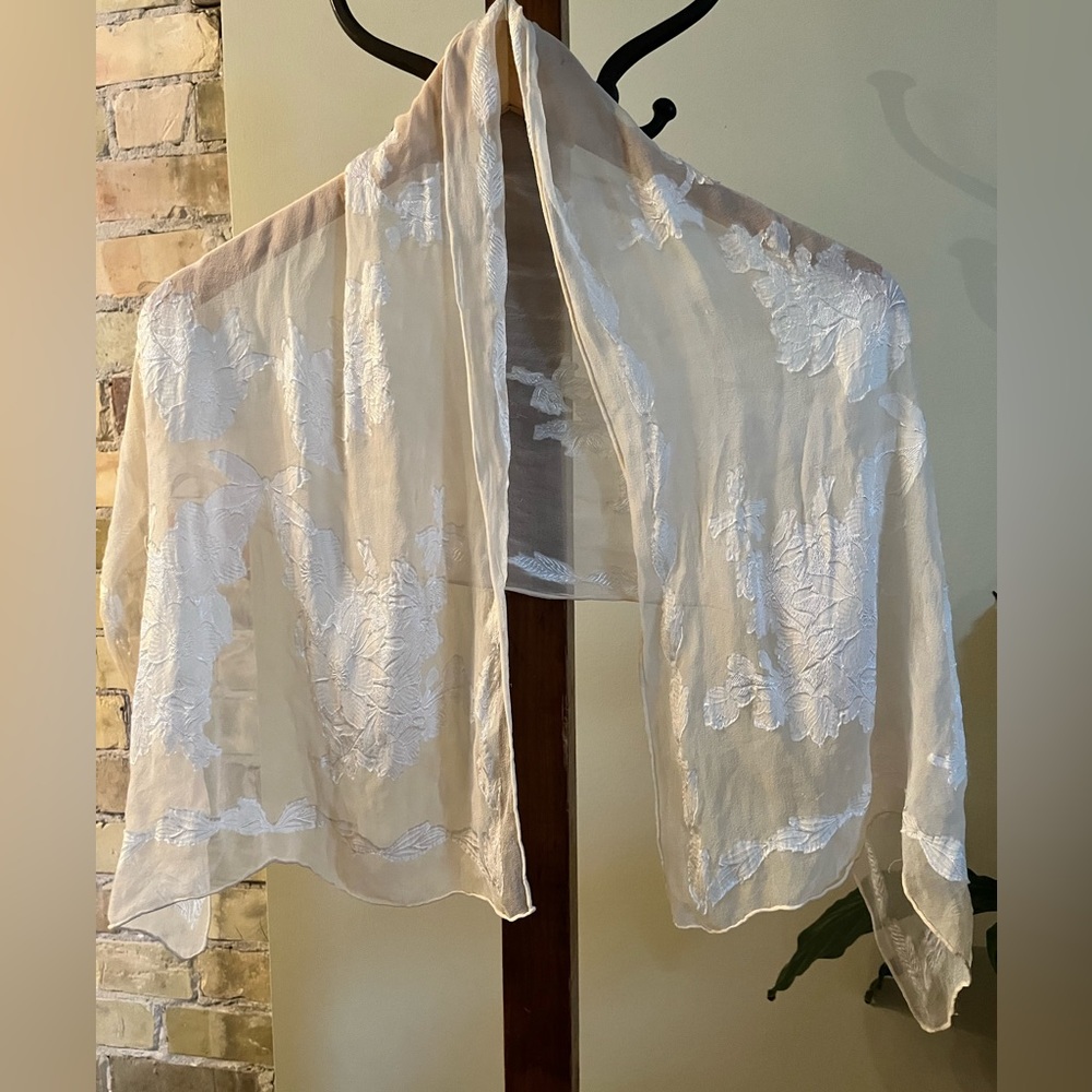 Off-white scarf with white embroidery
